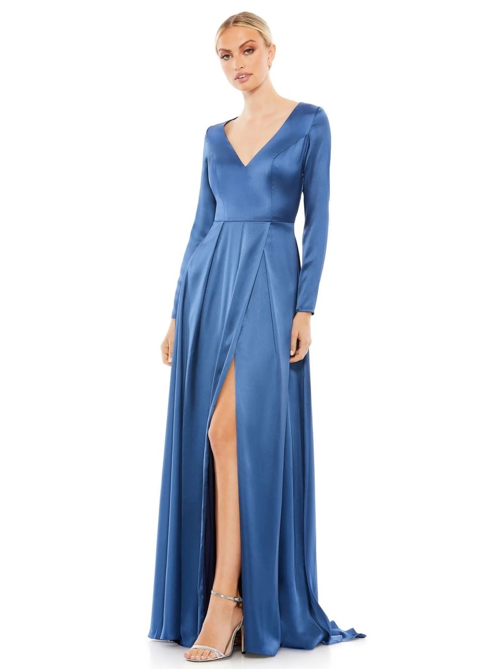 Mac Duggal Blue Satin V-Neck Long Sleeve Evening Gown